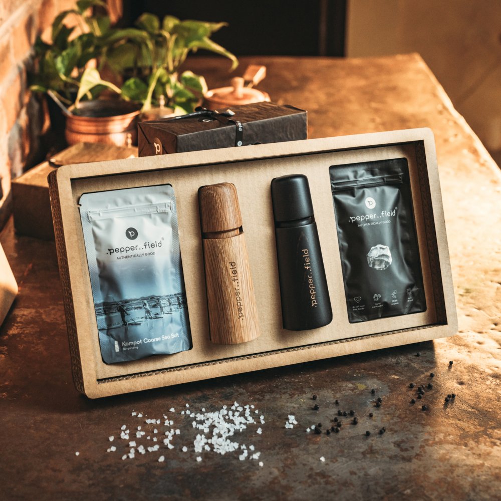 Coffret cadeau carton coffret – moulins scandinaves avec poivre de Kampot (50 g) et sel marin (120 g)