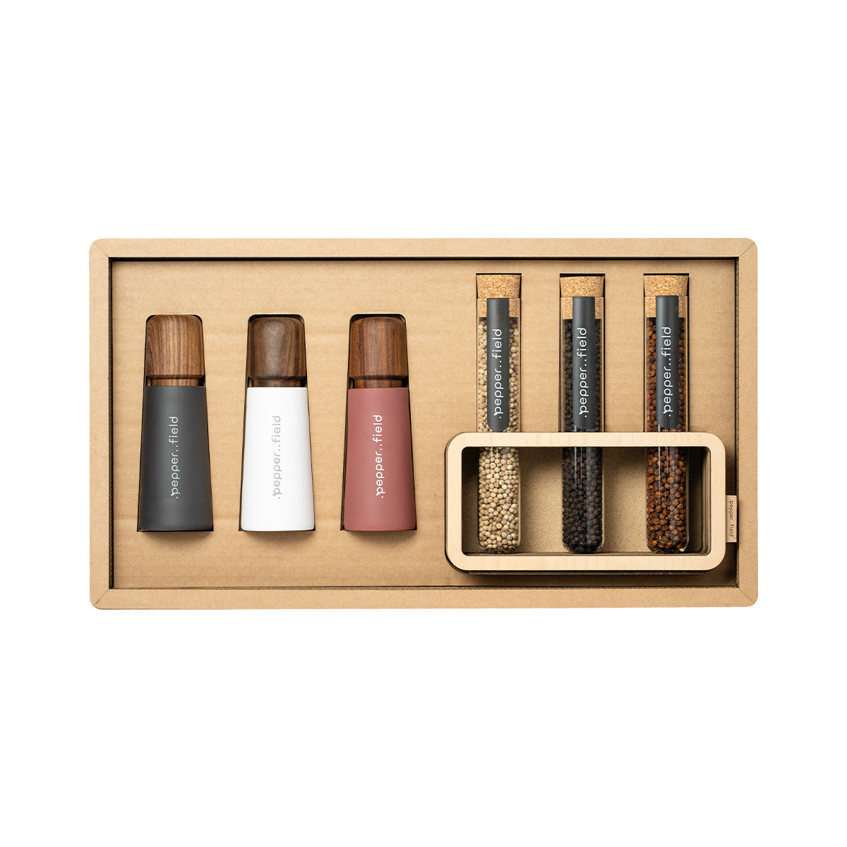 Coffret cadeau de luxe en carton recyclé avec 3 moulins et poivre de Kampot en tubes avec support (3×70 g)