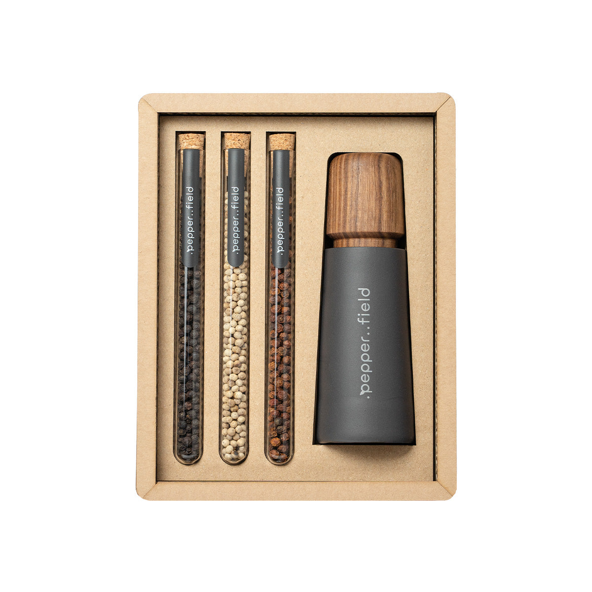 Moulin scandinave avec un ensemble de tubes à essai contenant du poivre de Kampot dans une boîte cadeau en carton (3× 10 g)