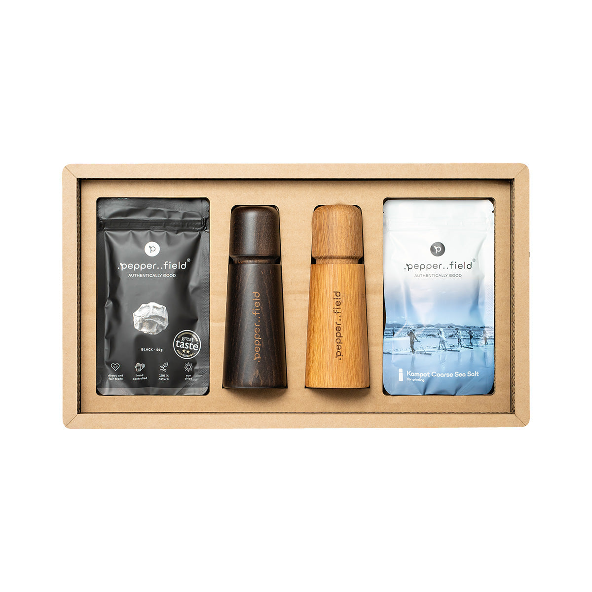 Coffret cadeau carton coffret – moulins scandinaves avec poivre de Kampot (50 g) et sel marin (120 g)