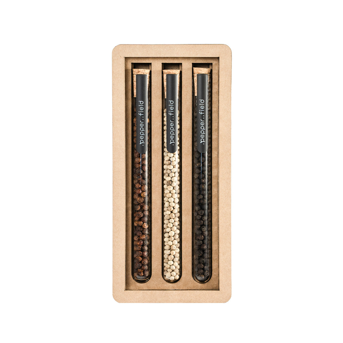 Ensemble de petits tubes à essai avec 3 types de poivres dans coffrets cadeaux en carton design (3×10 g)
