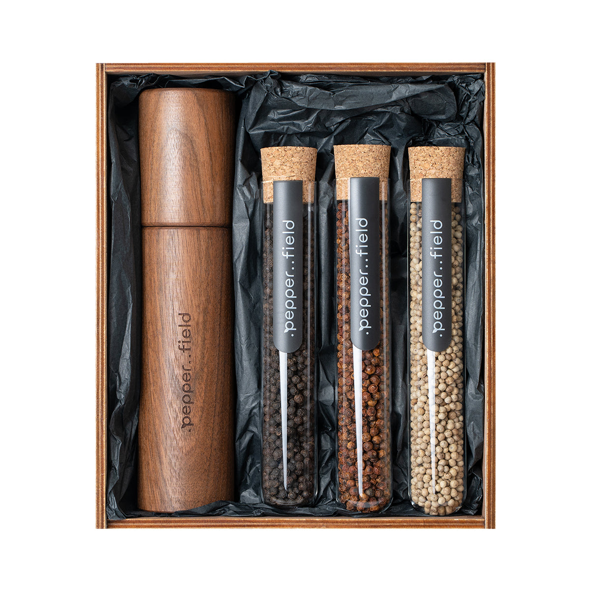 Ensemble premium Dark – moulin tchèque (25 cm) + 3 types de poivre de Kampot dans un pot en verre tchèque (3× 70 g)