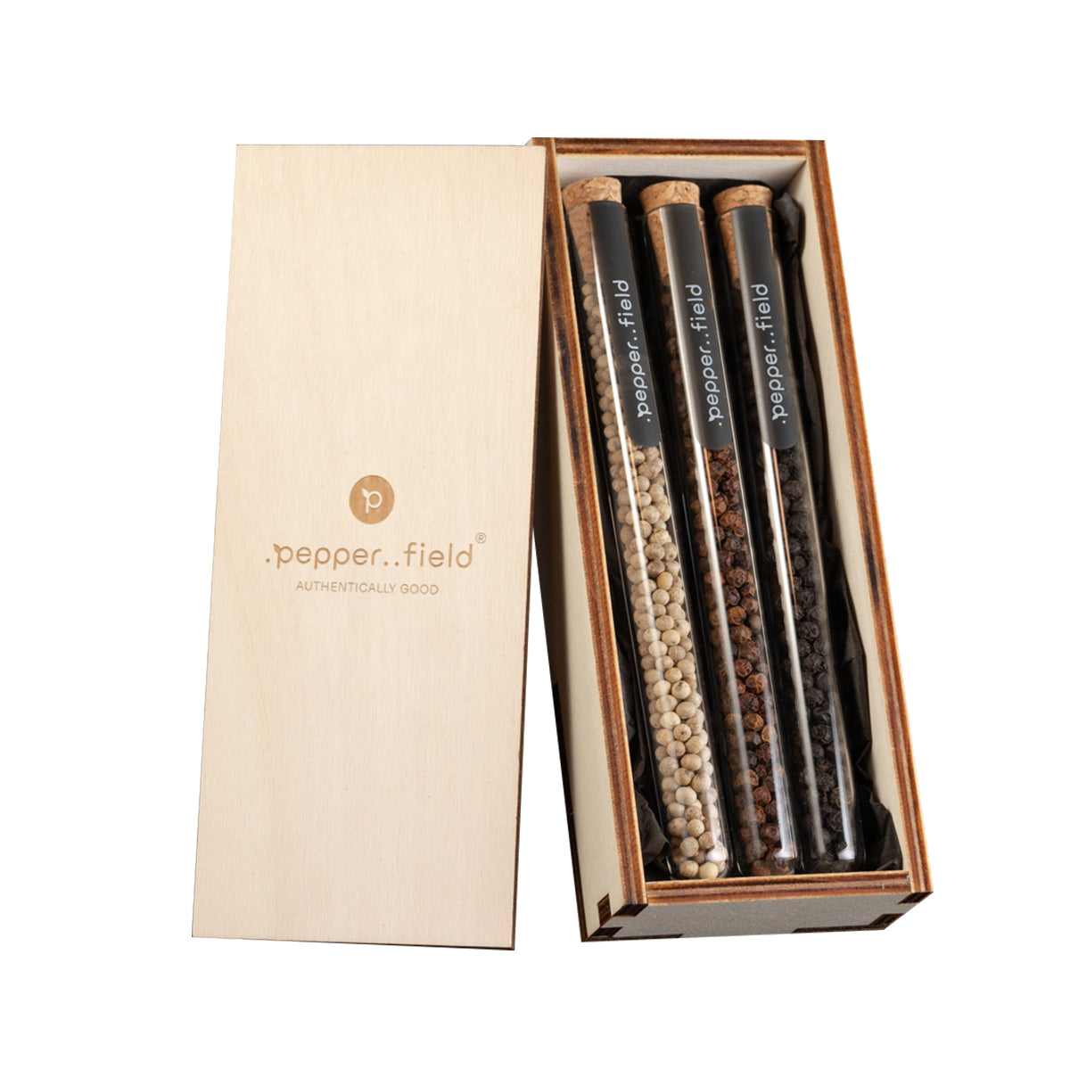 Ensemble de petits tubes à essai en verre dans un coffret cadeau en bois (3x10g)