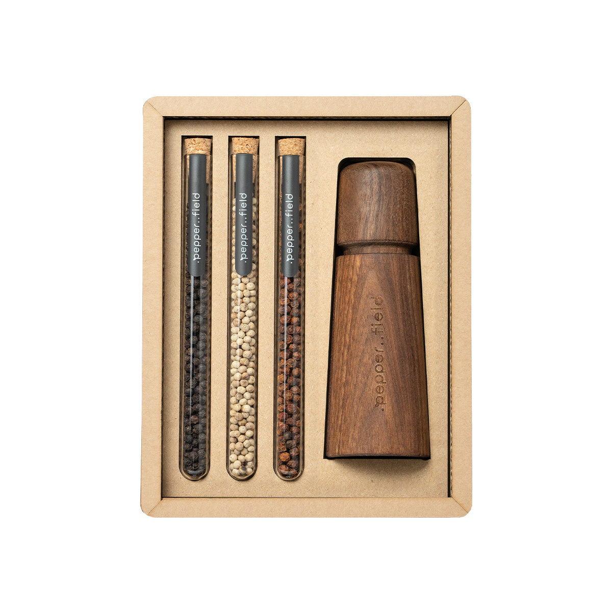 Moulin scandinave avec un jeu de tubes à essai au poivre de Kampot dans un coffret cadeau en carton (3x10g)