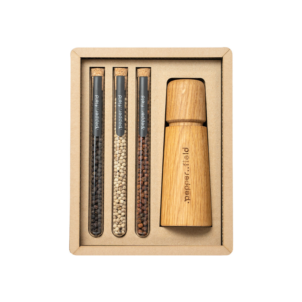 Moulin scandinave avec un jeu de tubes à essai au poivre de Kampot dans un coffret cadeau en carton (3x10g)