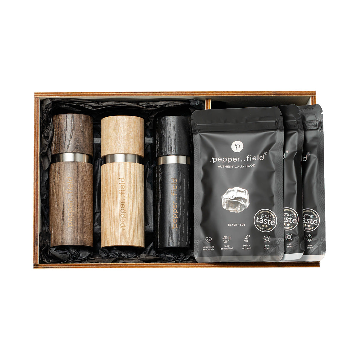 Set of 3 grinders + 3 bags of Kampot pepper (3× 50 g) in a huge gift case 